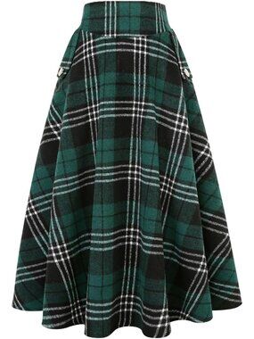 Women's Green Plaid Fall Winter High Waisted Wool Plaid A-line Long Maxi Skirt